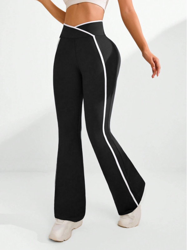 Pantaloni lungi cu talie înaltă, căptușeală fleece groasă, dungă laterală și design cu talie încrucișată, amestec poliester-spandex