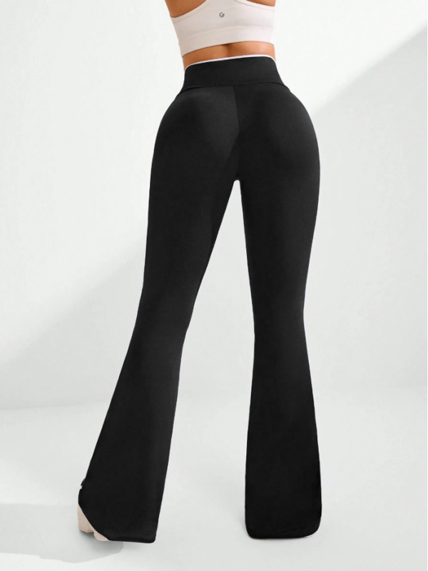 Pantaloni lungi cu talie înaltă, căptușeală fleece groasă, dungă laterală și design cu talie încrucișată, amestec poliester-spandex