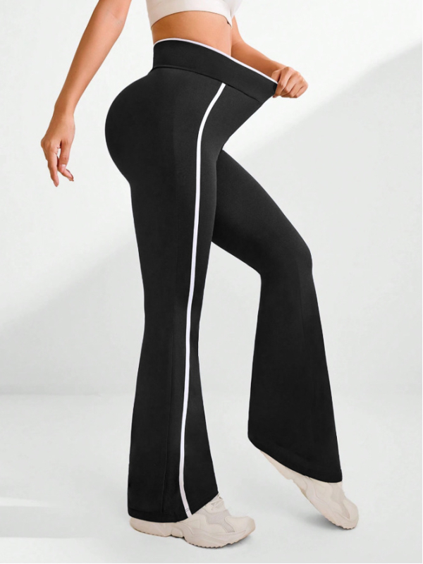 Pantaloni lungi cu talie înaltă, căptușeală fleece groasă, dungă laterală și design cu talie încrucișată, amestec poliester-spandex