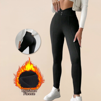 Sieviešu šaurās bikses ar konisku piegriezumu, iekšējā flīsa oderējums, augsta josta, priekšā pogu aizdares, garas, poliester-elastāna maisījums