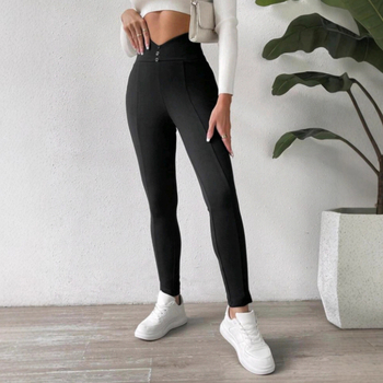 Дамски панталони с тесен крак, полиестер и спандекс, мъхеста подплата, висока талия, дълги, копчета отпред, елегантен офис стил