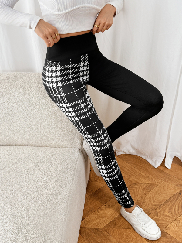 Sieviešu garās bikses, biezas un siltas, augsts viduklis, šaurs piegriezums, blokveida raksts, poliestera-spandeksa maisījums (95%+)