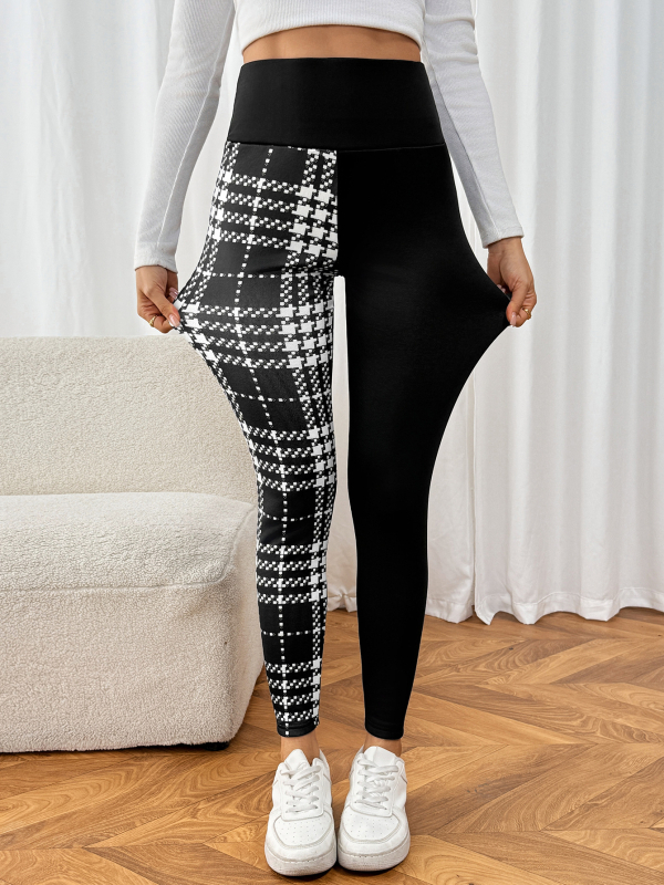 Sieviešu garās bikses, biezas un siltas, augsts viduklis, šaurs piegriezums, blokveida raksts, poliestera-spandeksa maisījums (95%+)