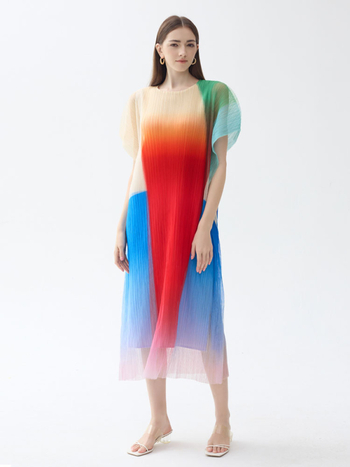 Γυναικείο φόρεμα από πολυεστέρα με πλισέ και εκτύπωση, στρογγυλός λαιμός, κοντά μανίκια, μέση στη μέση, Α-γραμμή, μακριά φούστα, καθημερινό στυλ