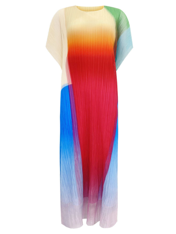 Sieviešu poliestera kleita ar plisu rakstu, apaļš kakls, īsi piedurknes, viduklis vidējais, A līnijas garā kleita, ikdienas stils