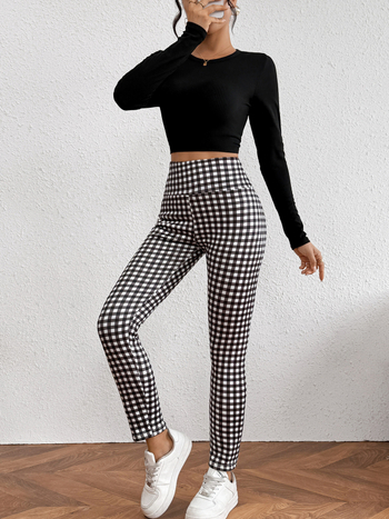 Γυναικείοι κολάν με επένδυση φλις, ψηλή μέση, ριγέ σχέδιο, ζεστό ύφασμα πολυεστέρα-ελαστάν