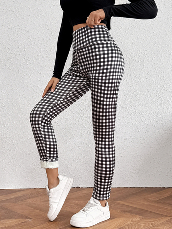 Γυναικείοι κολάν με επένδυση φλις, ψηλή μέση, ριγέ σχέδιο, ζεστό ύφασμα πολυεστέρα-ελαστάν