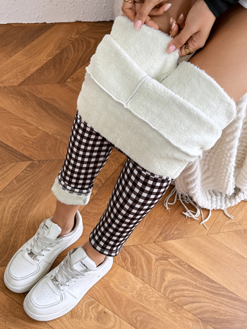 Γυναικείοι κολάν με επένδυση φλις, ψηλή μέση, ριγέ σχέδιο, ζεστό ύφασμα πολυεστέρα-ελαστάν