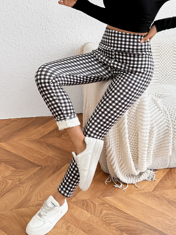 Γυναικείοι κολάν με επένδυση φλις, ψηλή μέση, ριγέ σχέδιο, ζεστό ύφασμα πολυεστέρα-ελαστάν