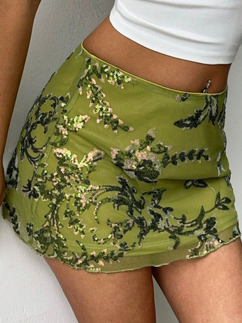 Γυναικεία φούστα Α-γραμμής, κοντή, από δίχτυ ύφασμα, με κέντημα με χάντρες, φλοράλ μοτίβο, πολυεστέρας-ελαστάν