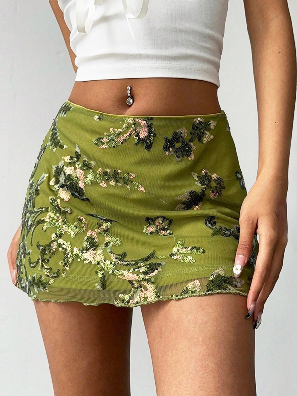 Moteriški A linijos trumpi tinkliniai sijonai su karoliukų siuvinėjimu, gėlių raštas, poliesteris elastanas