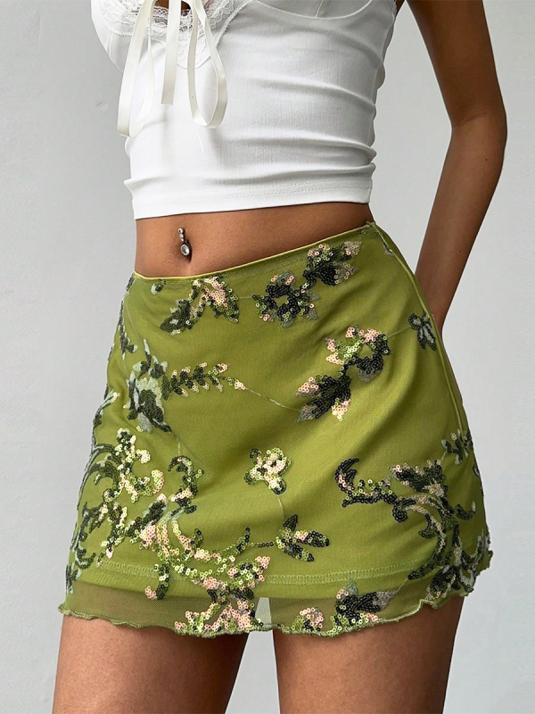 Moteriški A linijos trumpi tinkliniai sijonai su karoliukų siuvinėjimu, gėlių raštas, poliesteris elastanas