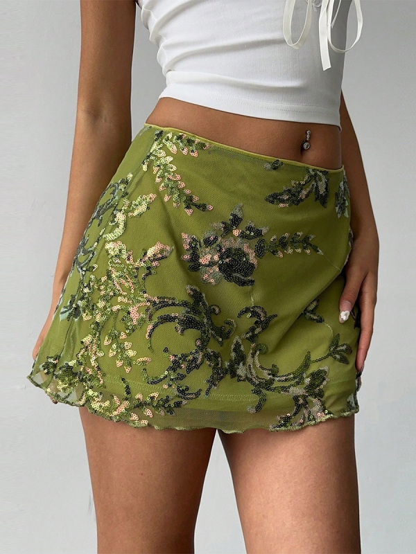 Moteriški A linijos trumpi tinkliniai sijonai su karoliukų siuvinėjimu, gėlių raštas, poliesteris elastanas