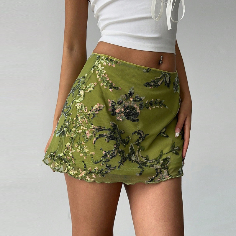 Moteriški A linijos trumpi tinkliniai sijonai su karoliukų siuvinėjimu, gėlių raštas, poliesteris elastanas