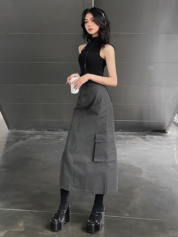 Пола с А-образна форма, миди дължина, работен стил, полиестер 95%+, спандекс <30%, уличен хипстър