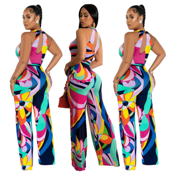 Γυναικείος αμάνικος ολόσωμος jumpsuit με εκτύπωση και ζώνη, ίσια γραμμή, μεσαία μέση, ύφασμα βαμβάκι-πολυεστέρας, άνοιξη-καλοκαίρι