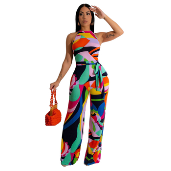 Γυναικείος αμάνικος ολόσωμος jumpsuit με εκτύπωση και ζώνη, ίσια γραμμή, μεσαία μέση, ύφασμα βαμβάκι-πολυεστέρας, άνοιξη-καλοκαίρι