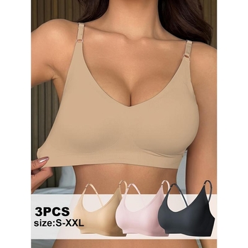 3 dalių liemenėlės komplektas be siūlių belaidis su trikampio taurėmis, vidutiniškai formuoti taurės, spandekso įdaila