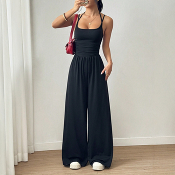 Дамски безръкав гащеризон с открит гръб, регулируеми презрамки, широк прав крак, 250g римски плат, 90% полиестер, 10% еластан, X-3003, есен