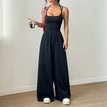 Γυναικεία αμάνικη ολόσωμη φόρμα με ανοιχτή πλάτη, ρυθμιζόμενες τιράντες, φαρδιά ίσια πόδια, 250g ρωμαϊκό ύφασμα, 90% πολυεστέρας, 10% ελαστάνη, X-3003, φθινόπωρο