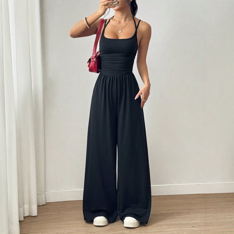 Дамски безръкав гащеризон с открит гръб, регулируеми презрамки, широк прав крак, 250g римски плат, 90% полиестер, 10% еластан, X-3003, есен