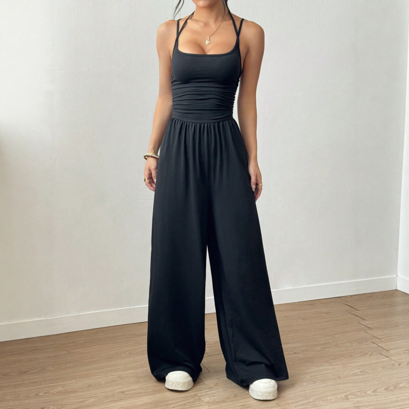 Дамски безръкав гащеризон с открит гръб, регулируеми презрамки, широк прав крак, 250g римски плат, 90% полиестер, 10% еластан, X-3003, есен