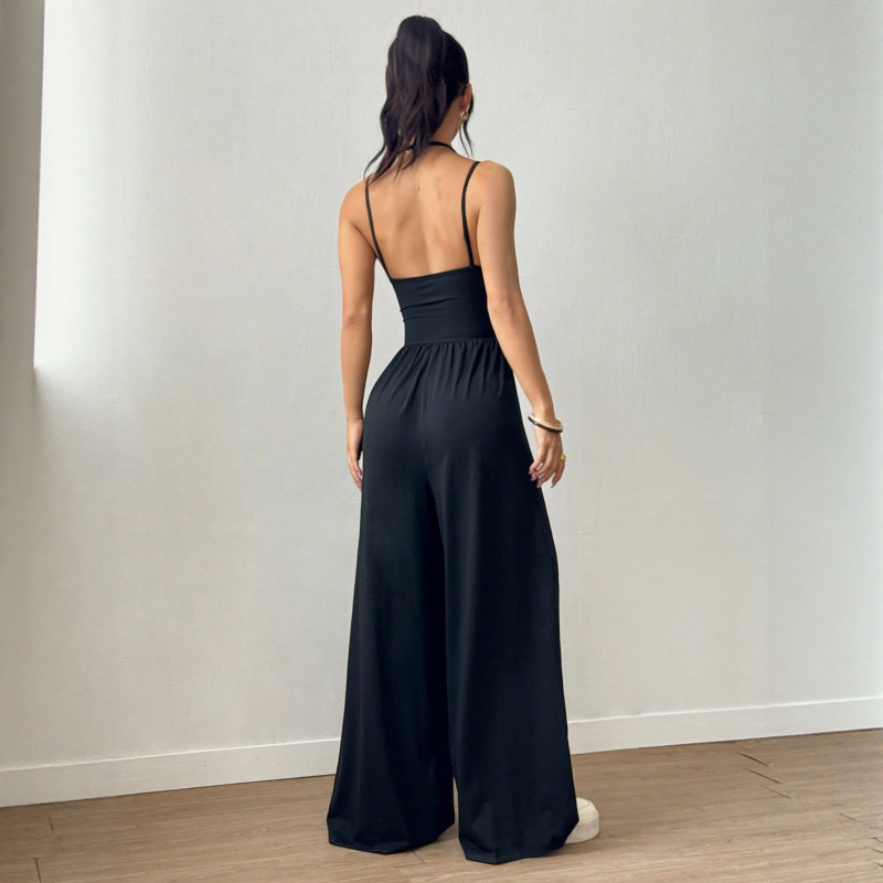 Дамски безръкав гащеризон с открит гръб, регулируеми презрамки, широк прав крак, 250g римски плат, 90% полиестер, 10% еластан, X-3003, есен