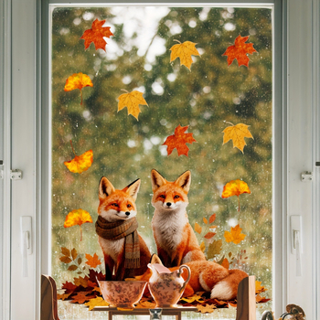 Διακόσμηση παραθύρου - Αλεπού με φθινοπωρινό φύλλο σφενδάμμου, στατικό αυτοκόλλητο, PVC, συσκευασία opp bag, κωδικός myc-265