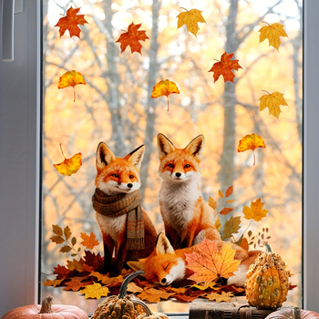 Διακόσμηση παραθύρου - Αλεπού με φθινοπωρινό φύλλο σφενδάμμου, στατικό αυτοκόλλητο, PVC, συσκευασία opp bag, κωδικός myc-265