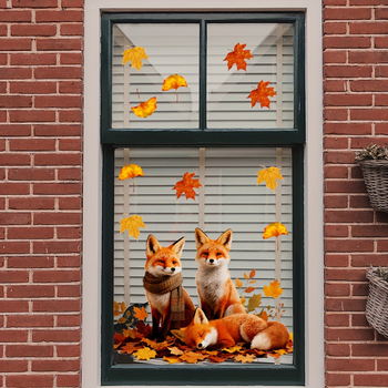 Διακόσμηση παραθύρου - Αλεπού με φθινοπωρινό φύλλο σφενδάμμου, στατικό αυτοκόλλητο, PVC, συσκευασία opp bag, κωδικός myc-265