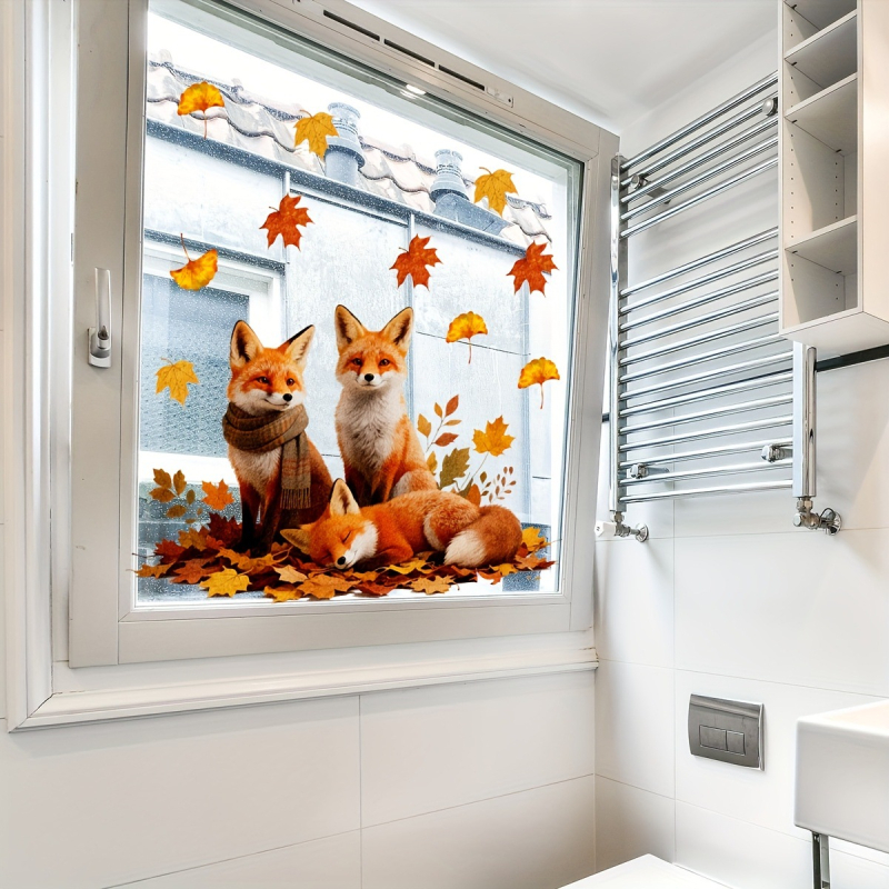 Διακόσμηση παραθύρου - Αλεπού με φθινοπωρινό φύλλο σφενδάμμου, στατικό αυτοκόλλητο, PVC, συσκευασία opp bag, κωδικός myc-265