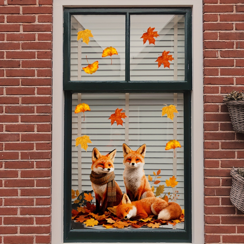 Διακόσμηση παραθύρου - Αλεπού με φθινοπωρινό φύλλο σφενδάμμου, στατικό αυτοκόλλητο, PVC, συσκευασία opp bag, κωδικός myc-265