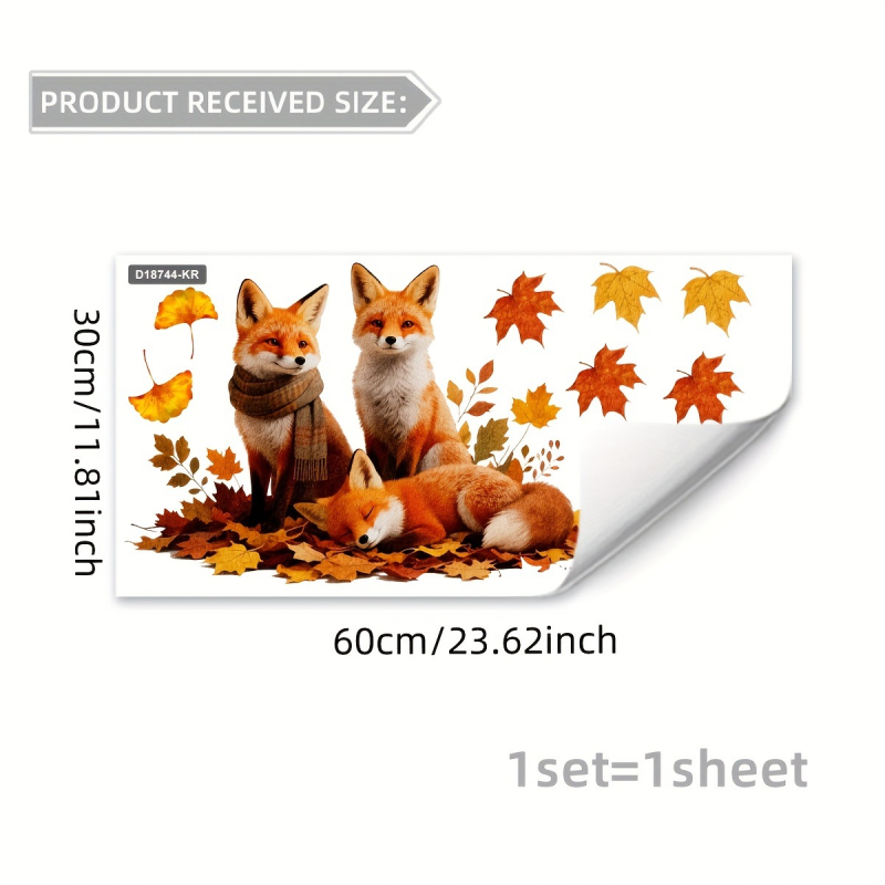 Διακόσμηση παραθύρου - Αλεπού με φθινοπωρινό φύλλο σφενδάμμου, στατικό αυτοκόλλητο, PVC, συσκευασία opp bag, κωδικός myc-265