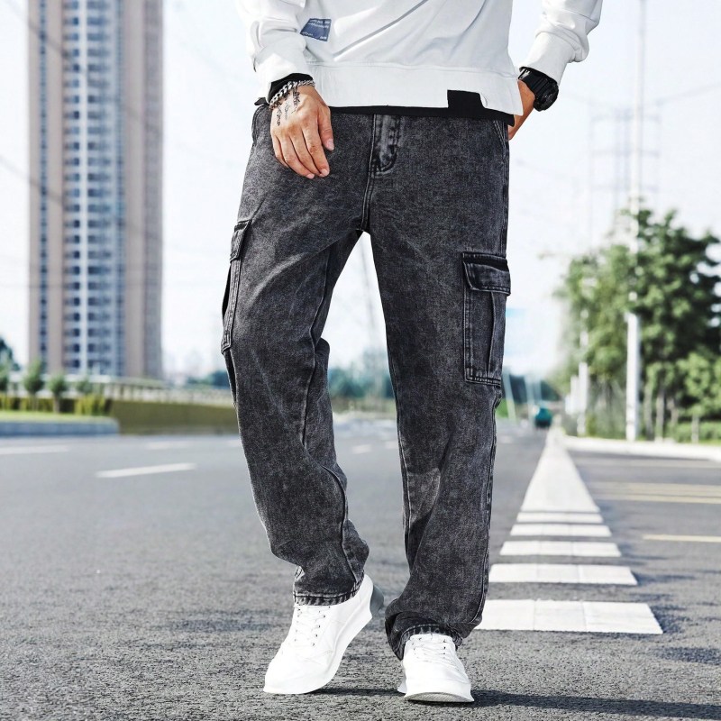 Blugi denim pentru bărbați - croială largă, buzunare multiple, spălați, talie medie