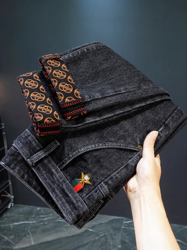 Džinsi ar izšuvumiem un apdruku, taisns piegriezums, kokvilnas-elastāna maisījums