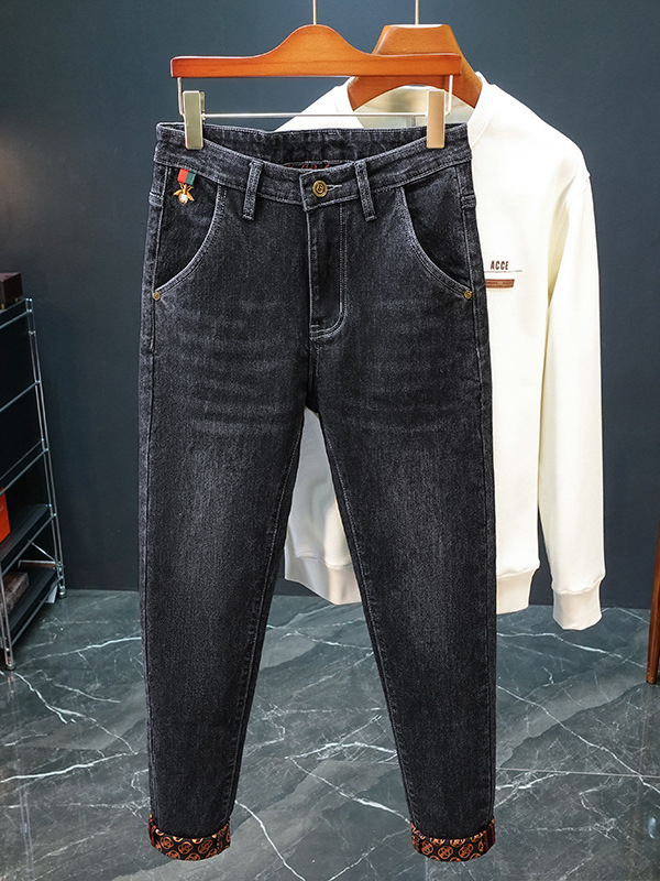 Džinsi ar izšuvumiem un apdruku, taisns piegriezums, kokvilnas-elastāna maisījums