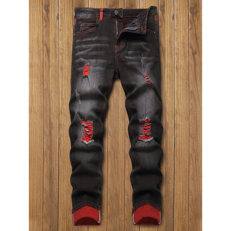 Jeans deteriorați, Slim Fit, talie medie-înaltă, croială dreaptă, cu căptușeală fleece