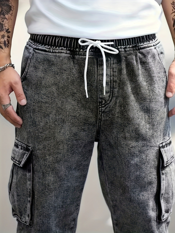 Дънкови панталони с множество джобове, широки крачоли, средна талия, шнурово закопчаване, изпитано-памук-полиестер смес