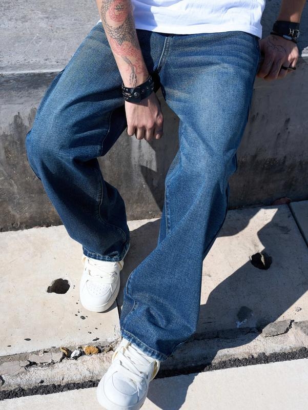 Blugi bărbați – stil street, croială dreaptă, pictură manuală, fermoar, talie joasă