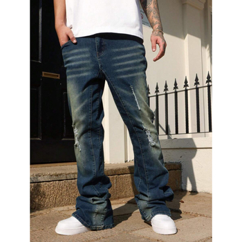 Мъжки дънки с разкъсани джобове, прав крак, подплата от флис, деним