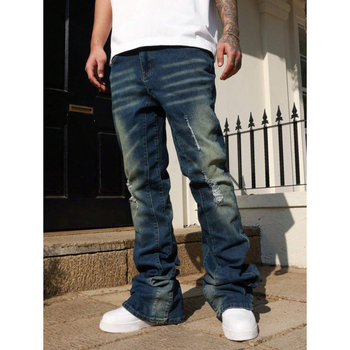 Мъжки дънки с разкъсани джобове, прав крак, подплата от флис, деним