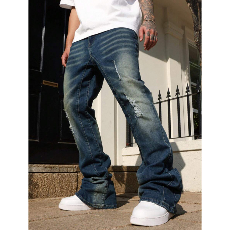 Blugi bărbați cu buzunare rupte, croială dreaptă, căptușeală din fleece