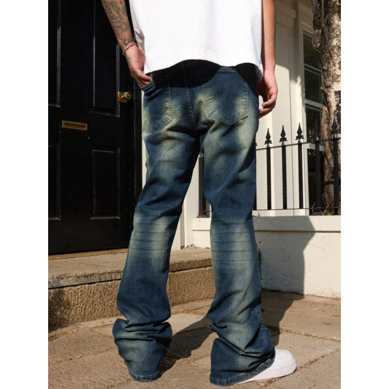 Blugi bărbați cu buzunare rupte, croială dreaptă, căptușeală din fleece