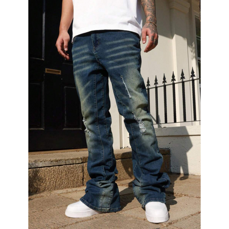 Blugi bărbați cu buzunare rupte, croială dreaptă, căptușeală din fleece