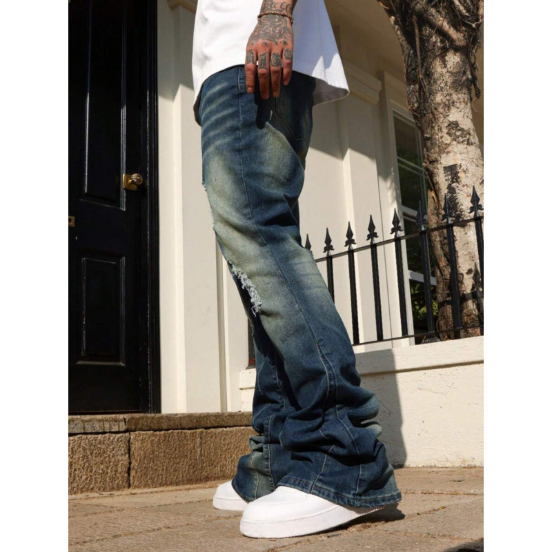 Blugi bărbați cu buzunare rupte, croială dreaptă, căptușeală din fleece