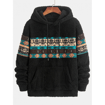 Vīriešu kapucēts džemperis etniskā stilā ar kabatu, 100% poliesters, neliela elastība, piemērots visām sezonām