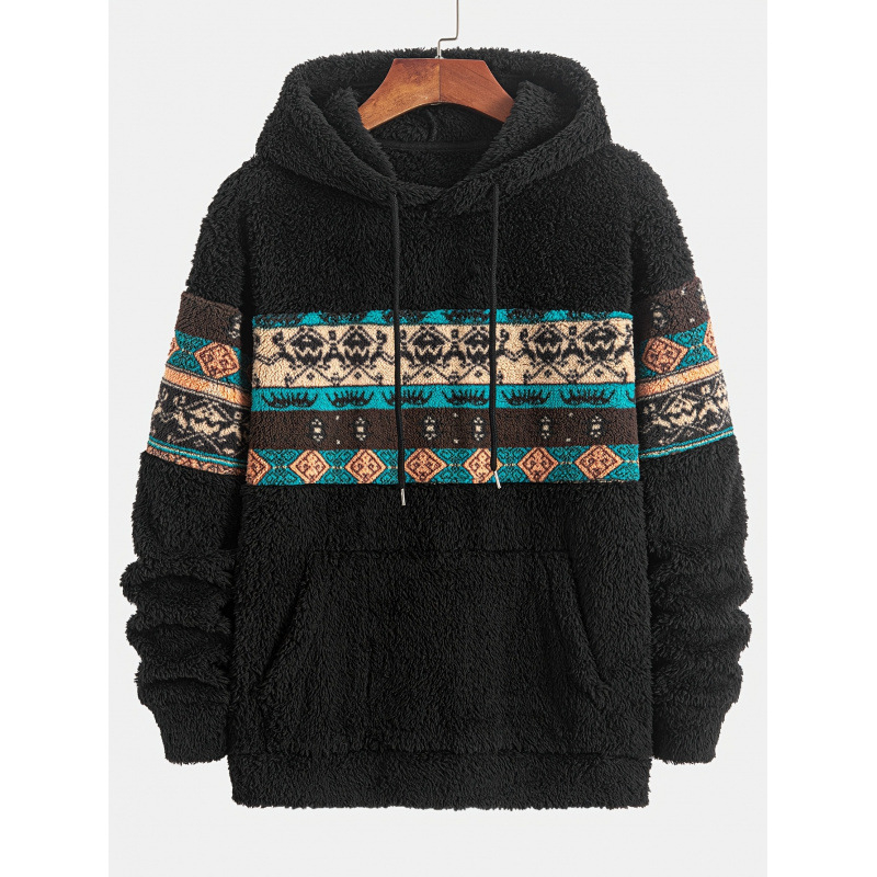 Vīriešu kapucēts džemperis etniskā stilā ar kabatu, 100% poliesters, neliela elastība, piemērots visām sezonām