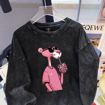 Памучна тениска, текстов принт, дълъг ръкав, кръгло деколте, свободна кройка, средна дължина