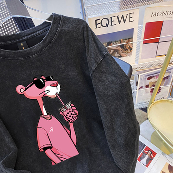 Памучна тениска, текстов принт, дълъг ръкав, кръгло деколте, свободна кройка, средна дължина