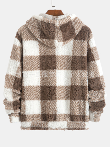 Мъжки суитшърт с качулка, каре модел, подплата от плюш, полиестер 95%, дълъг ръкав, зимен